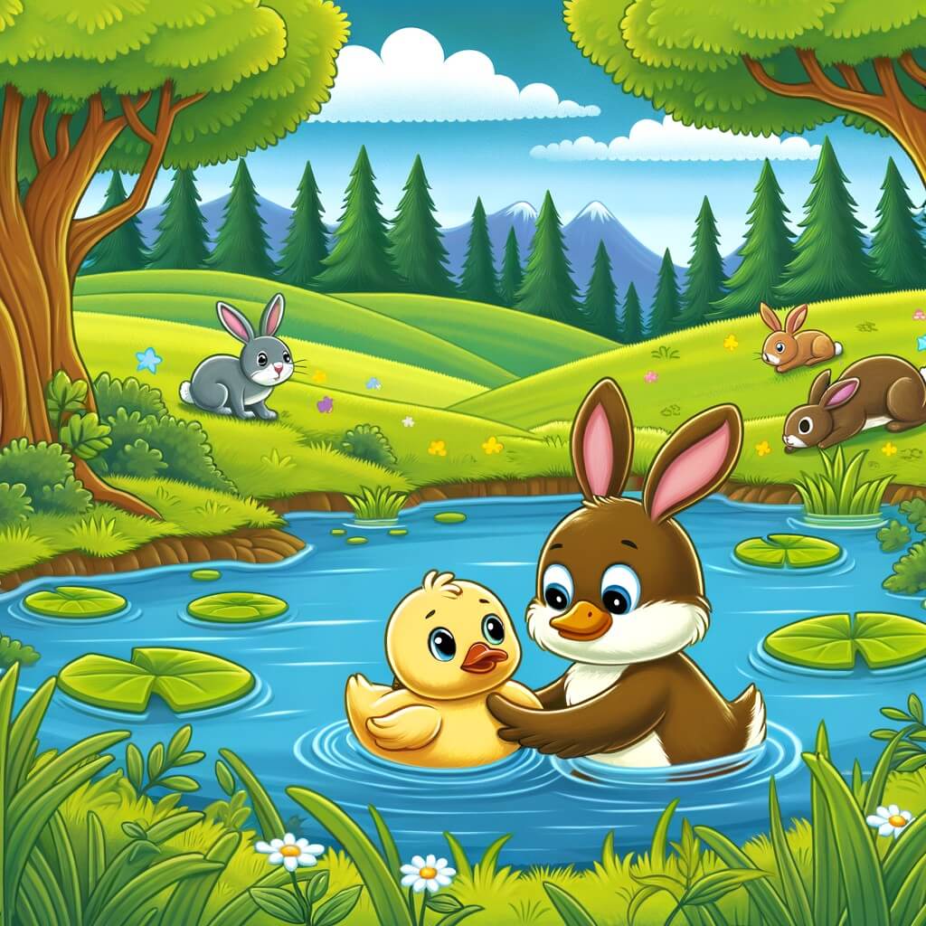 Une illustration destinée aux enfants représentant un petit pato courageux et audacieux, se retrouvant dans une situation d'aide envers les autres animaux, accompagné d'un adorable conejito, dans un estanque entouré de praderas verdes et d'arbres majestueux.