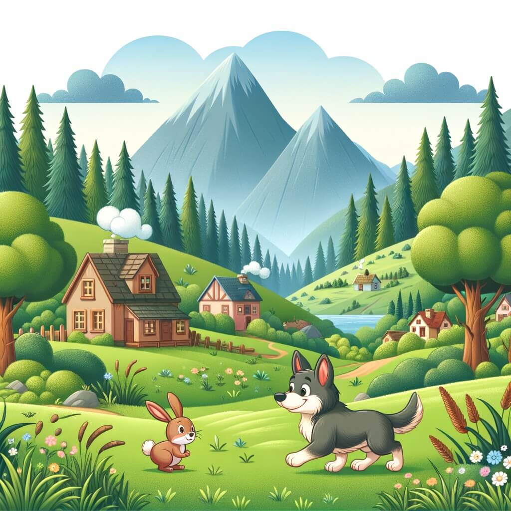Une illustration destinée aux enfants représentant un perro courageux qui vit de grandes aventures, accompagné d'un conejito, dans un village entouré de prairies verdoyantes et de mystérieux bois touffus.