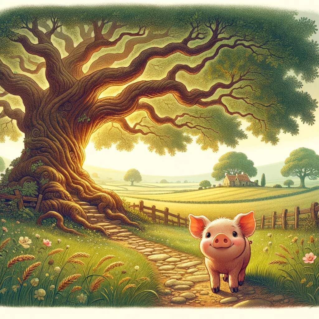 Une illustration destinée aux enfants représentant un adorable cochon curieux, se trouvant dans une ferme entourée de vastes prairies verdoyantes et d'un majestueux chêne, tandis qu'il découvre un chemin mystérieux menant à un monde enchanteur.