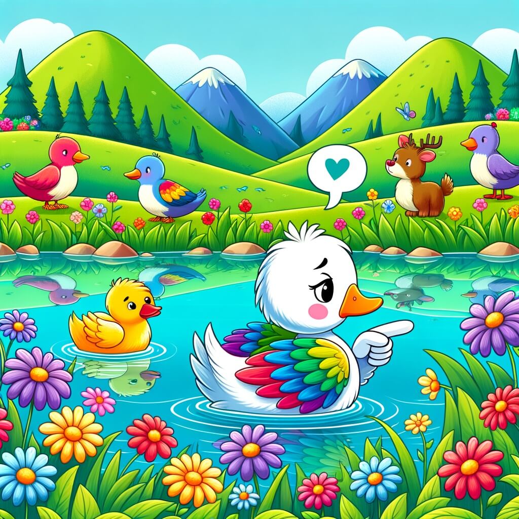 Une illustration destinée aux enfants représentant un charmant pato aux plumes colorées, se sentant seul et rejeté par les autres animaux, dans un magnifique lac entouré de verdoyantes collines et de fleurs multicolores.