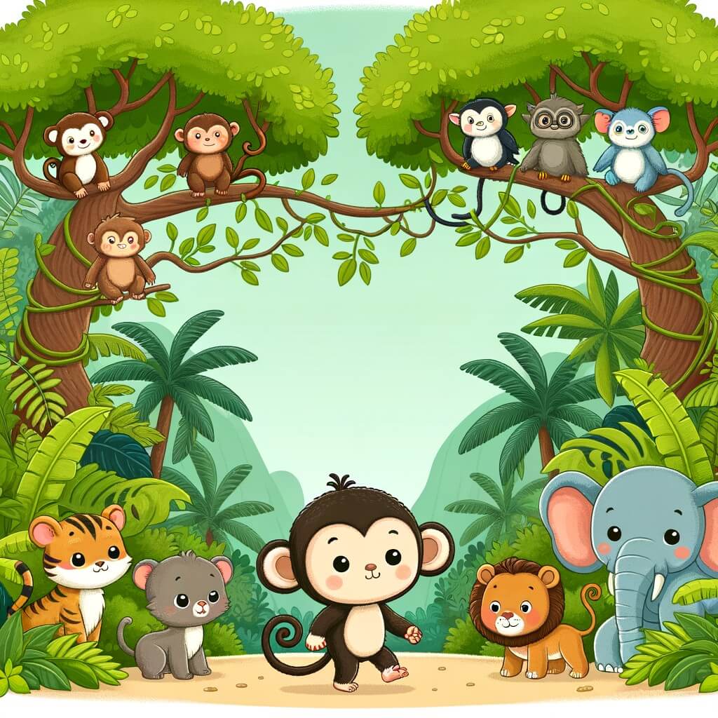 Une illustration destinée aux enfants représentant un adorable petit singe, entouré de ses amis animaux, explorant une luxuriante jungle tropicale où les arbres s'élèvent majestueusement avec leurs branches entrelacées formant un véritable paradis de verdure.