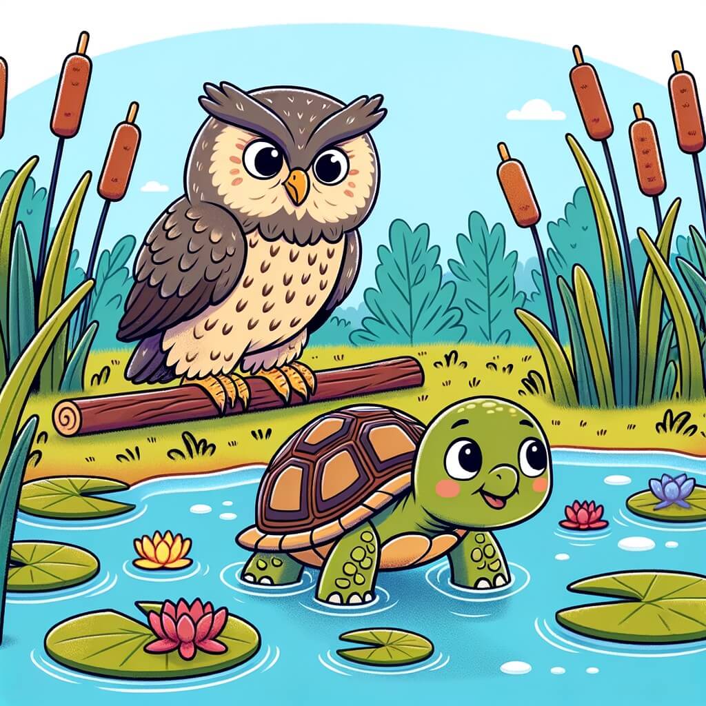 Une illustration destinée aux enfants représentant une tortuga déterminée à voler, accompagnée d'un búho sage, dans un estanque entouré de juncos y nenúfares coloridos.