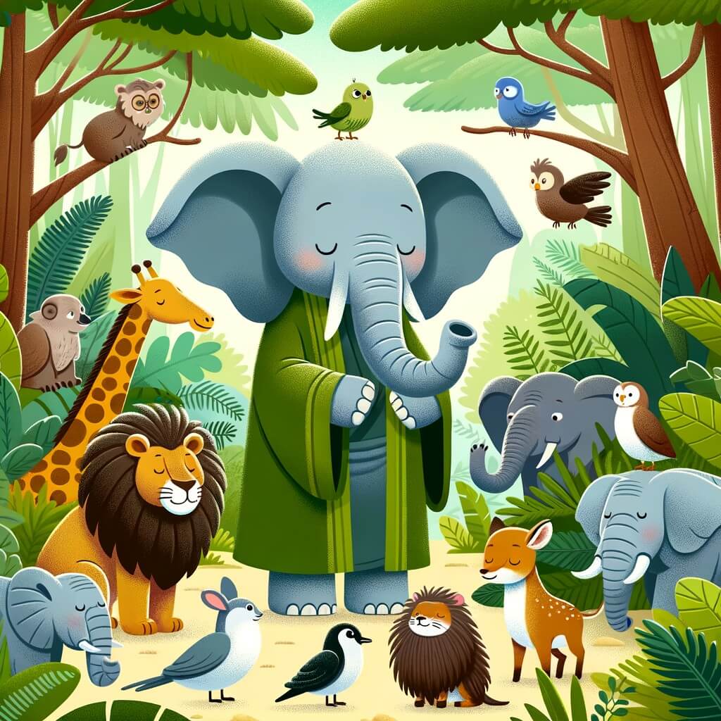 Une illustration destinée aux enfants représentant un éléphant sage et bienveillant, entouré d'animaux de la jungle, dans une luxuriante forêt tropicale africaine.