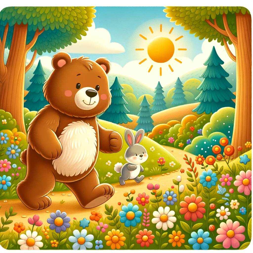 Une illustration destinée aux enfants représentant un adorable ours brun, se promenant dans un magnifique bosque rempli de fleurs colorées, accompagné d'un petit conejito, dans une atmosphère ensoleillée et chaleureuse.