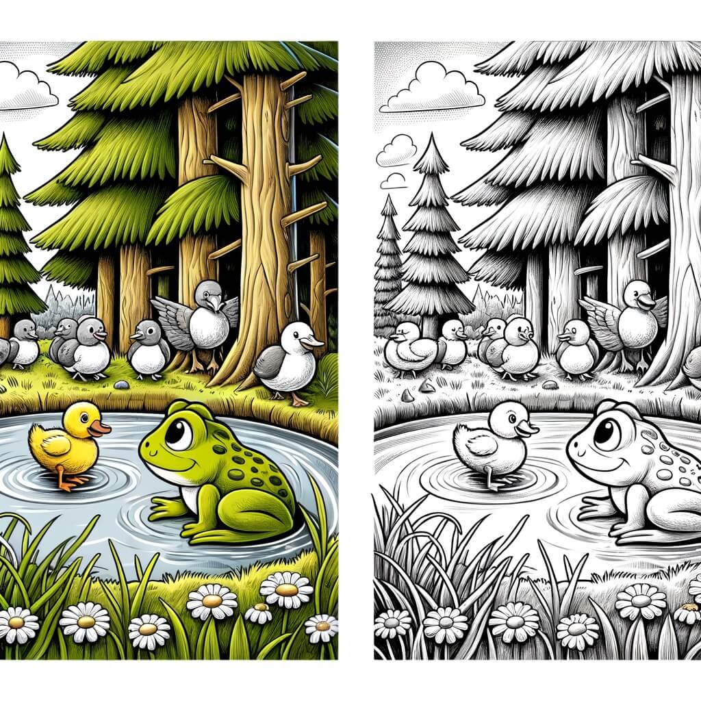 Une illustration destinée aux enfants représentant une petite grenouille, courageuse et intrépide, qui découvre un patito atrapado dans un estanque entouré de grands arbres.