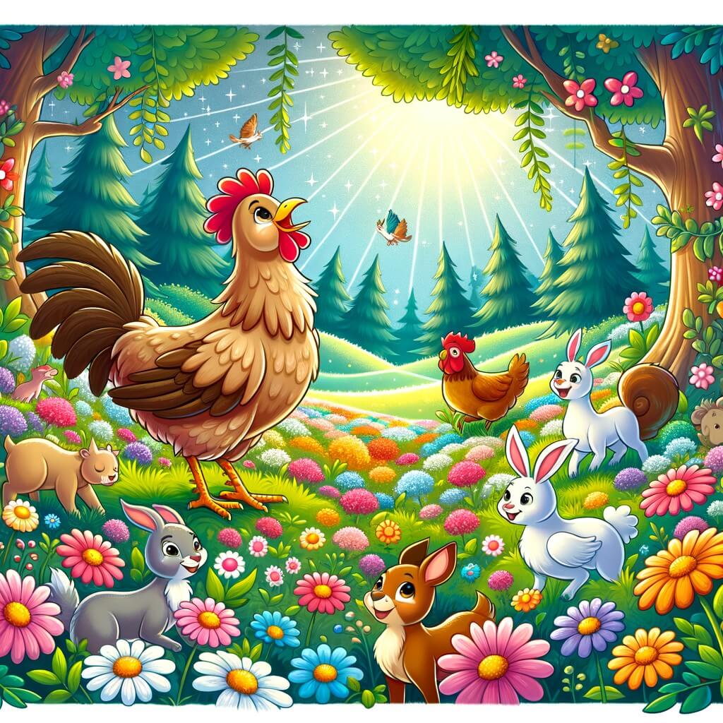 Une illustration destinée aux enfants représentant une gallina aventureuse, émerveillée par un magnifique prado rempli de fleurs colorées, accompagnée de ses amis animaux, dans un bois enchanté.
