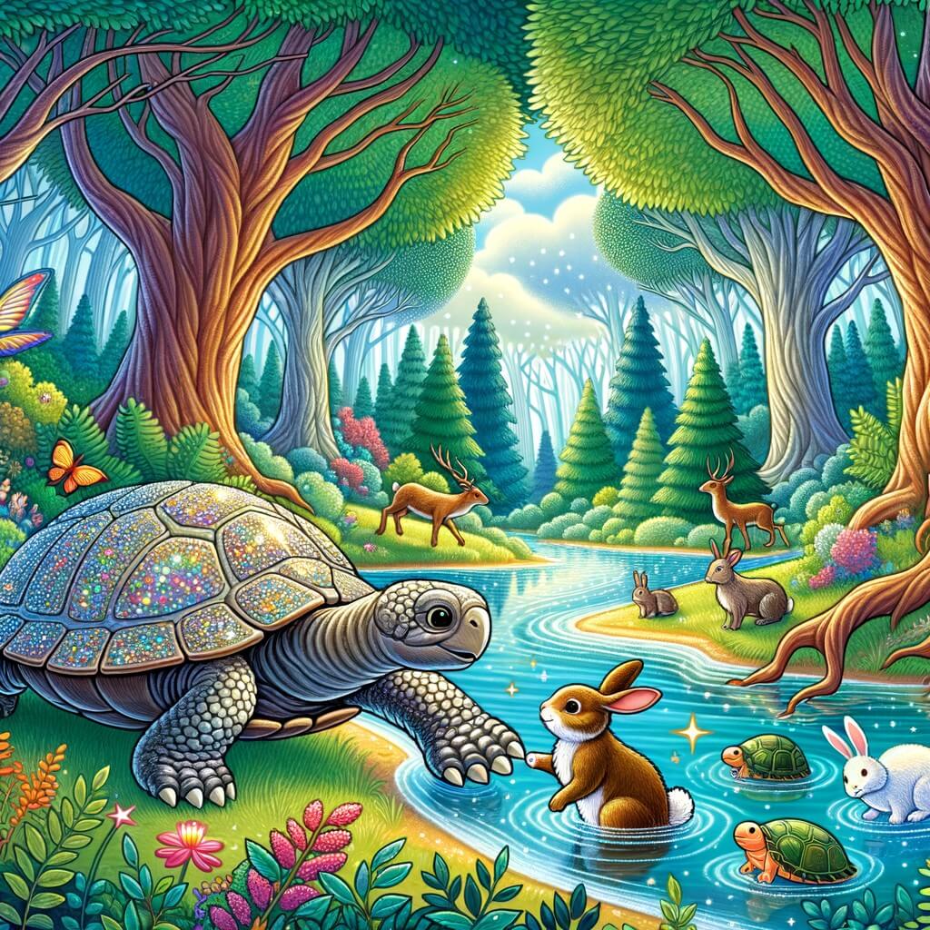 Une illustration destinée aux enfants représentant une tortuga aux écailles chatoyantes, qui fait la rencontre d'un conejito perdu et décide de l'aider, dans un magnifique bosque encantado avec des arbres majestueux, un río cristalino et une faune colorée.