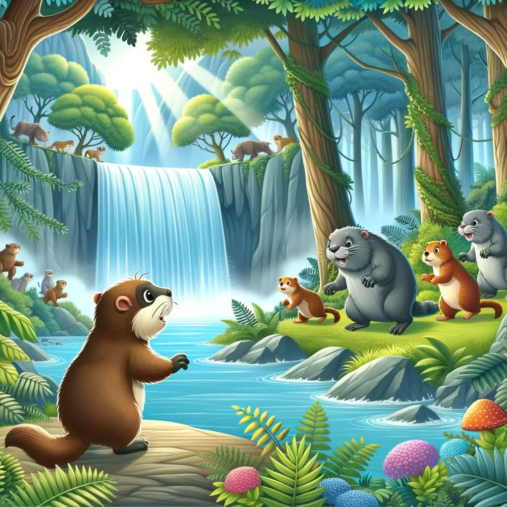 Une illustration destinée aux enfants représentant une marmota curieuse et aventureuse, accompagnée d'autres animaux, découvrant une magnifique cascade au cœur d'un luxuriant et mystérieux bosquet.