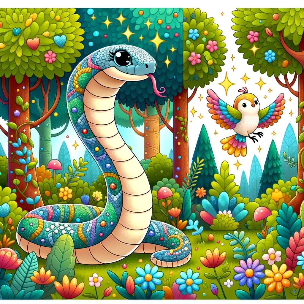 Une illustration destinée aux enfants représentant une serpiente au corps brillant, se trouvant dans une forêt enchantée, accompagnée d'un petit oiseau coloré, dansant entre les arbres et les fleurs multicolores.