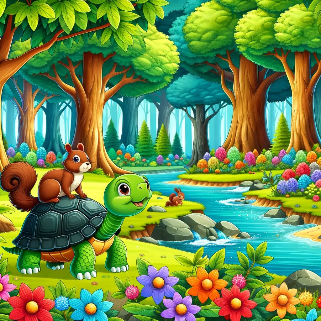 Une illustration destinée aux enfants représentant une tortuga curieuse et sage, accompagnée d'une ardilla, explorant un magnifique bosque avec des arbres aux feuilles chatoyantes, des fleurs multicolores et un río cristallin.
