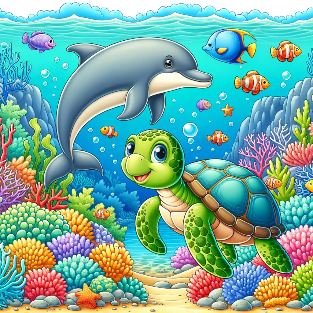 Une illustration destinée aux enfants représentant une tortuga courageuse qui explore un magnifique fond marin, accompagnée d'un delfín amical, dans un paradis sous-marin rempli de coraux colorés et de poissons joyeux.