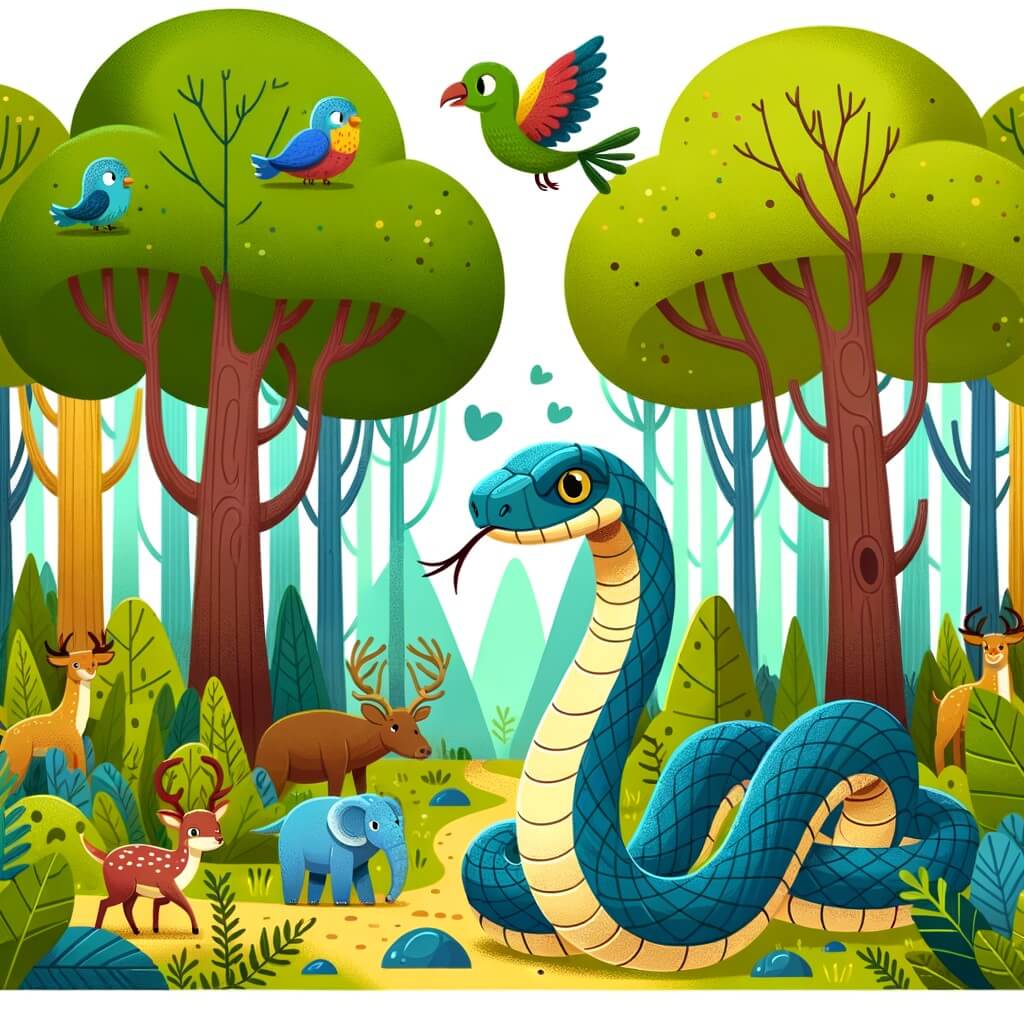 Une illustration destinée aux enfants représentant une serpiente curieuse et aventurière, accompagnée d'un ami coloré, explorant un magnifique bosque avec des arbres hauts et frondosos.