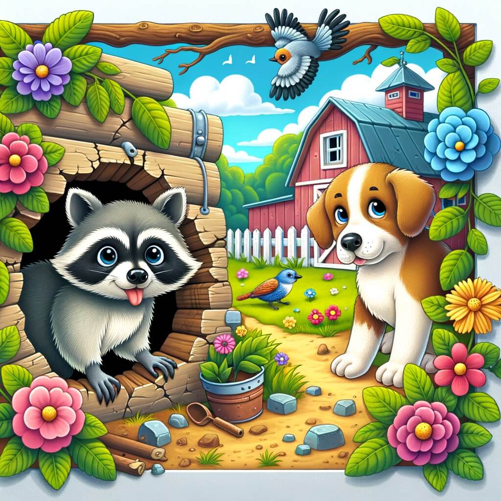 Une illustration destinée aux enfants représentant un petit ratón intrépido dans une ferme, accompagné d'un chien courageux, dans un agujero de la muraille décoré de fleurs colorées.