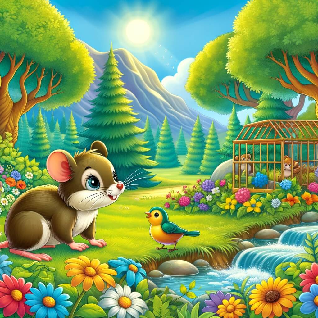 Une illustration destinée aux enfants représentant un adorable ratón intrépido, qui se retrouve face à un pajarito atrapado, dans une pradera ensoleillée avec des fleurs multicolores, des arbres majestueux et un ruisseau cristallin.
