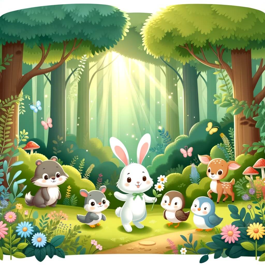 Une illustration destinée aux enfants représentant un mignon petit lapin explorant un bosquet enchanté, accompagné d'un joyeux groupe d'animaux, dans un paysage luxuriant de verdure, avec des fleurs multicolores et une lumière douce filtrant à travers les branches des arbres.