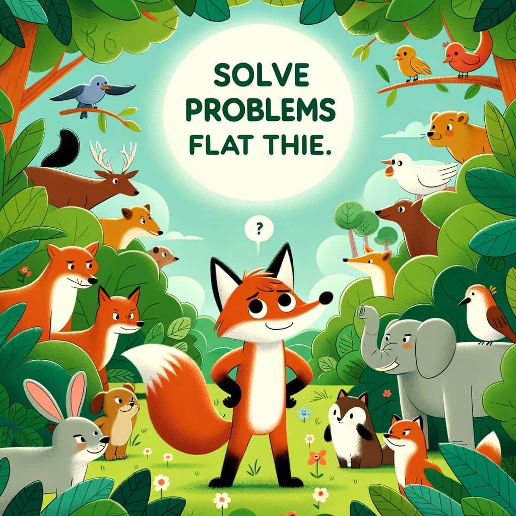 Une illustration destinée aux enfants représentant un malicieux zorro, entouré d'amis animaux, dans un magnifique bosquet verdoyant où ils résolvent ensemble les problèmes qui les affligent.