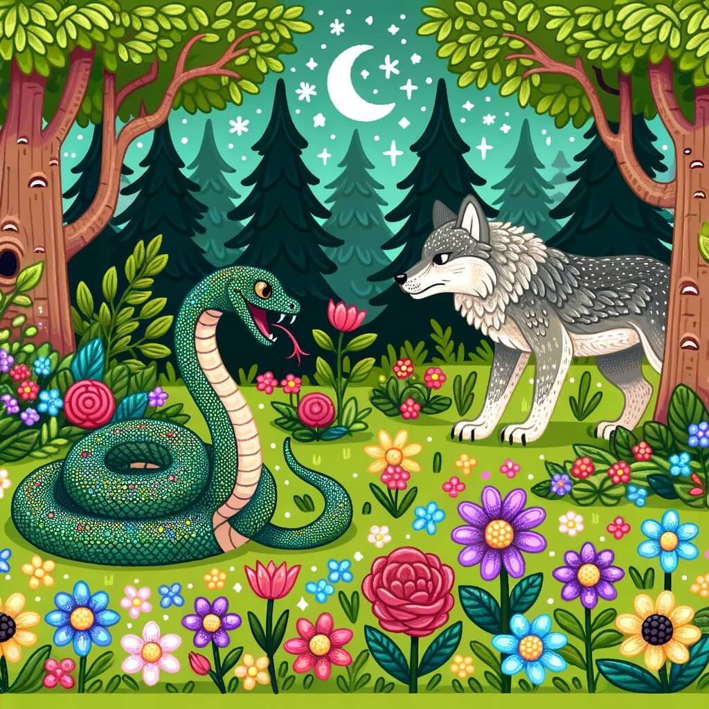Une illustration destinée aux enfants représentant une serpiente aux écailles chatoyantes, qui fait face à un loup affamé, dans une forêt enchantée remplie de fleurs colorées et d'arbres majestueux.