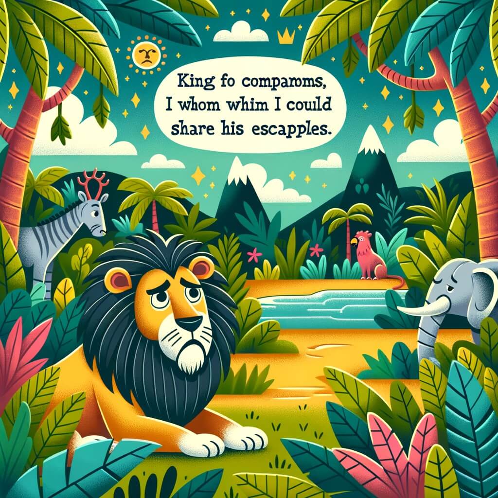 Une illustration destinée aux enfants représentant un majestueux roi de la jungle, solitaire et triste, qui cherche désespérément des amis avec qui partager ses aventures, dans une luxuriante et colorée forêt tropicale.