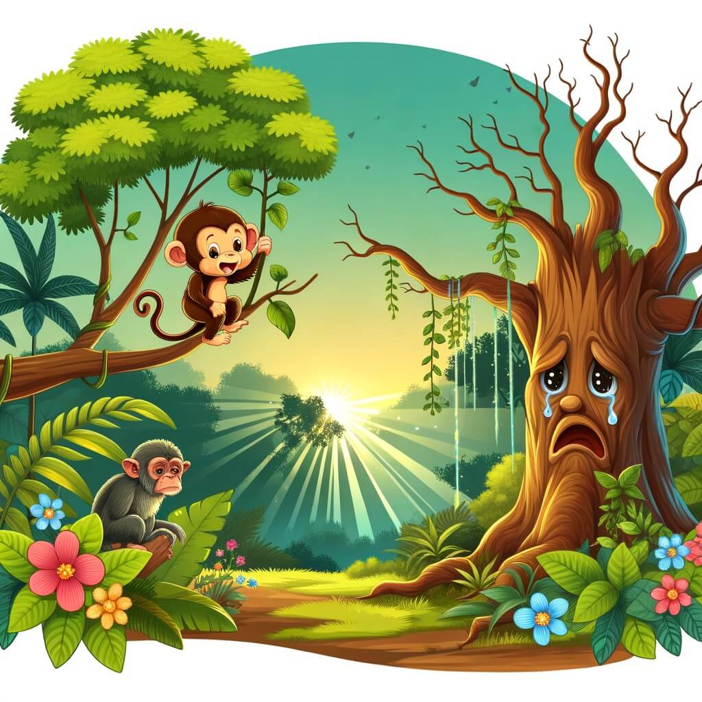 Une illustration destinée aux enfants représentant un adorable petit singe curieux, se balançant sur une branche dans une luxuriante jungle, accompagné d'un vieil arbre triste et pleurant, dans un paysage où les rayons du soleil filtrent à travers les feuilles vertes et les fleurs colorées de la forêt.