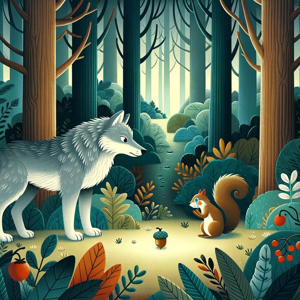 Une illustration destinée aux enfants représentant un loup solitaire au pelage argenté, se tenant devant une forêt dense et mystérieuse, où il rencontrera une petite ardilla pleurant la perte de sa précieuse noisette.