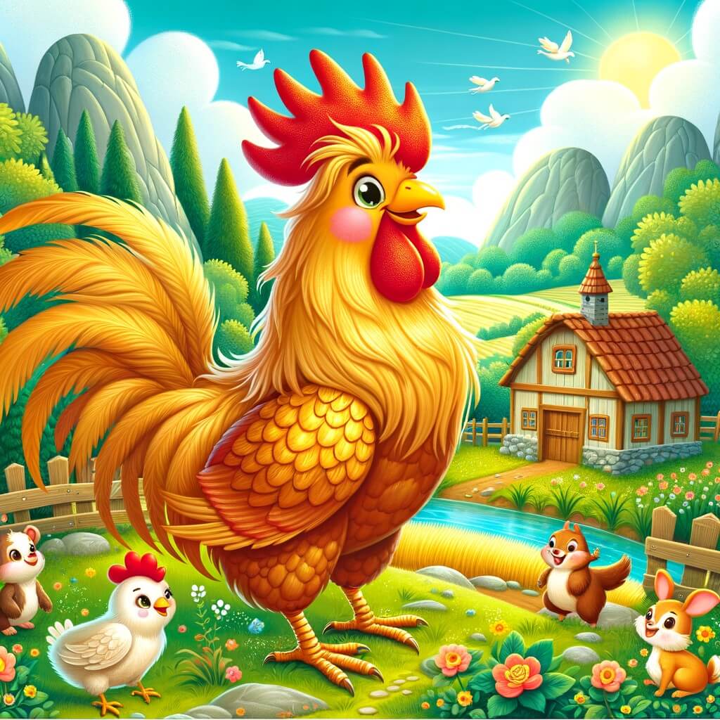 Une illustration destinée aux enfants représentant un magnifique gallo au plumage doré, se tenant fièrement dans un paisible village entouré de prairies verdoyantes, où il fera la rencontre d'animaux adorables et vivra de passionnantes aventures.