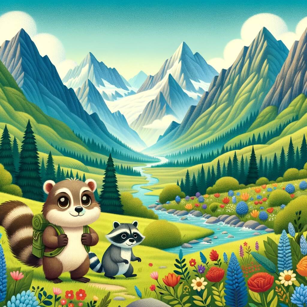 Une illustration destinée aux enfants représentant une adorable marmota curieuse et aventurière, accompagnée d'un sage ratoncito, explorant un magnifique valle entouré de montagnes majestueuses, parsemé de prairies verdoyantes, de fleurs multicolores et traversé par un paisible río.