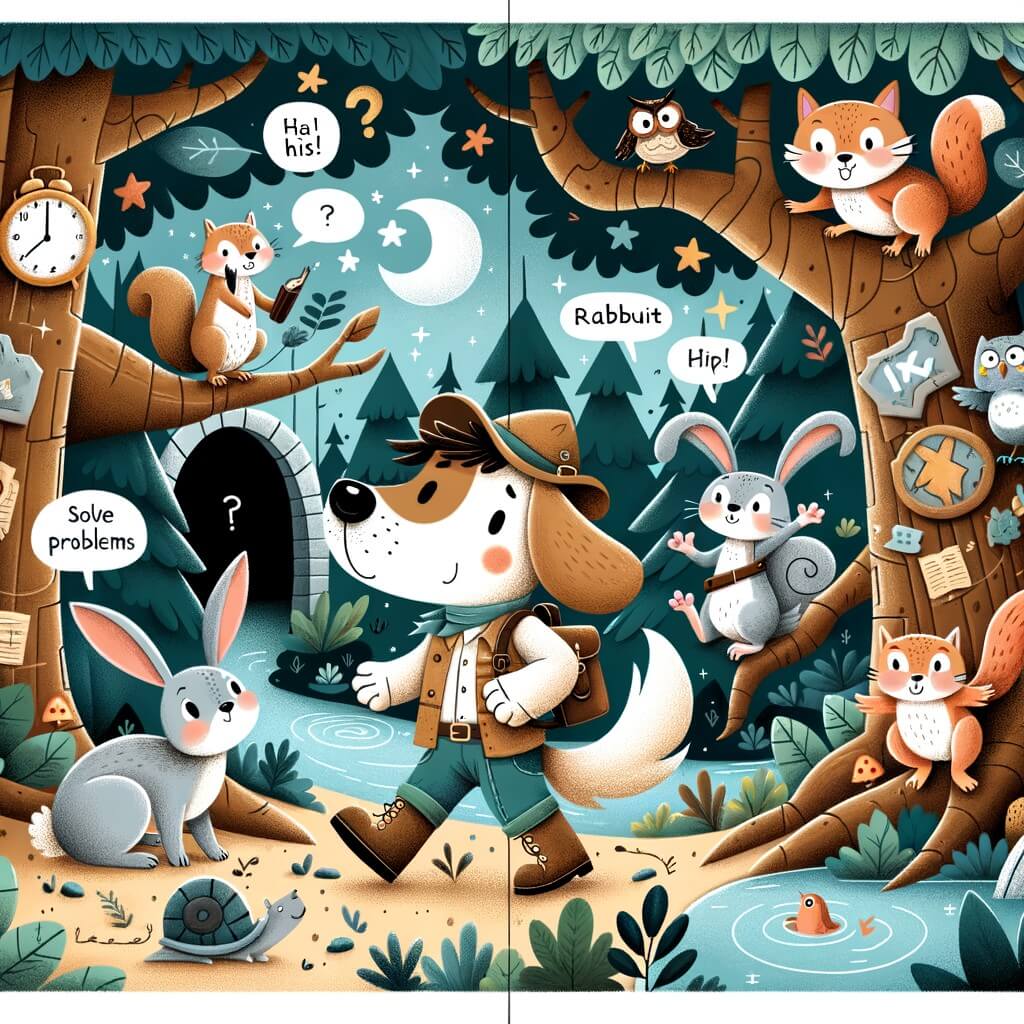Une illustration destinée aux enfants représentant un adorable chien aventurier, se trouvant dans une forêt enchantée, accompagné d'animaux amis, tels qu'une ardilla, un lapin et un hibou, qui l'aident à résoudre des problèmes et à explorer de mystérieuses cavernes.