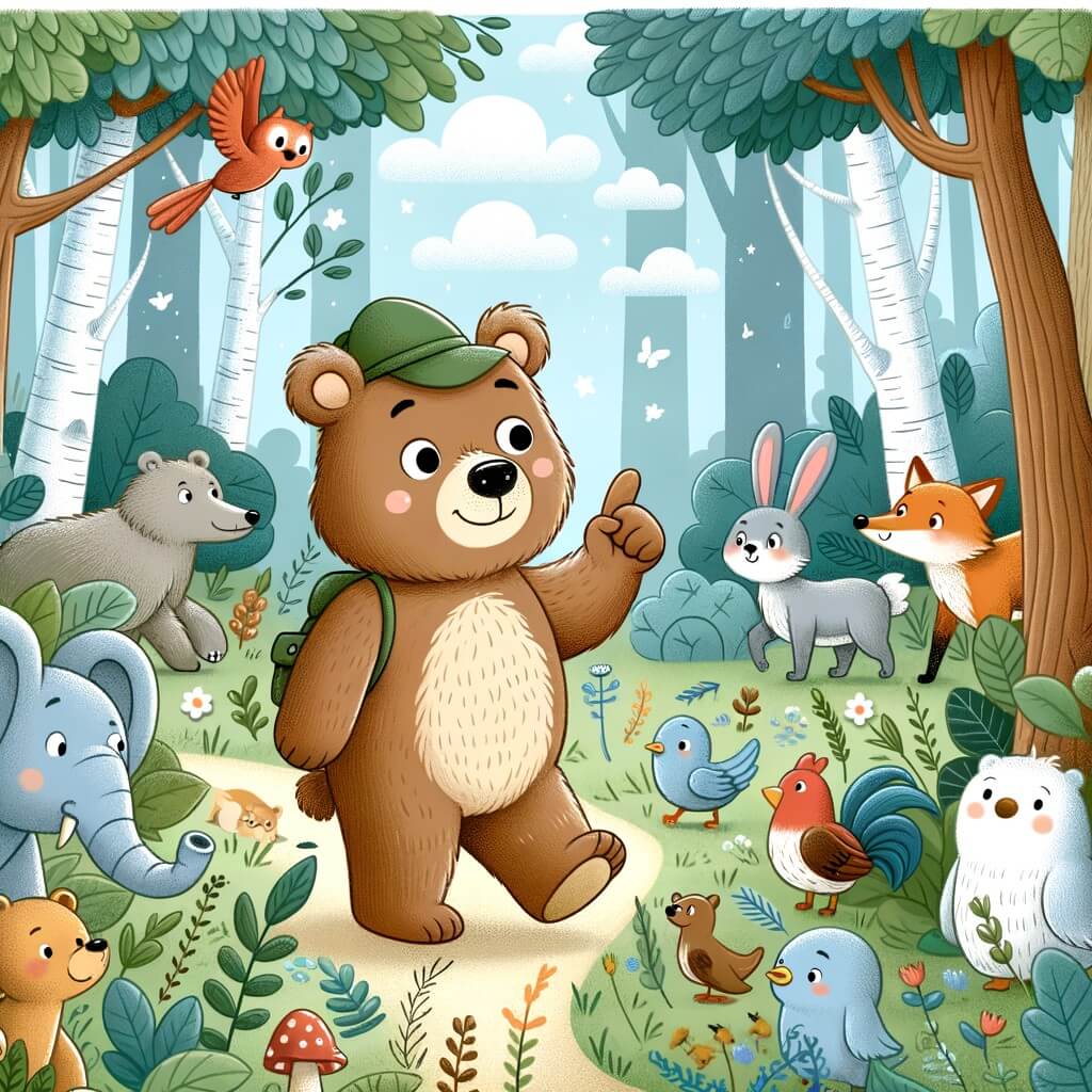 Une illustration destinée aux enfants représentant un oso curieux et courageux, se trouvant dans une forêt enchantée, où elle rencontre différents animaux et les aide dans leurs péripéties.
