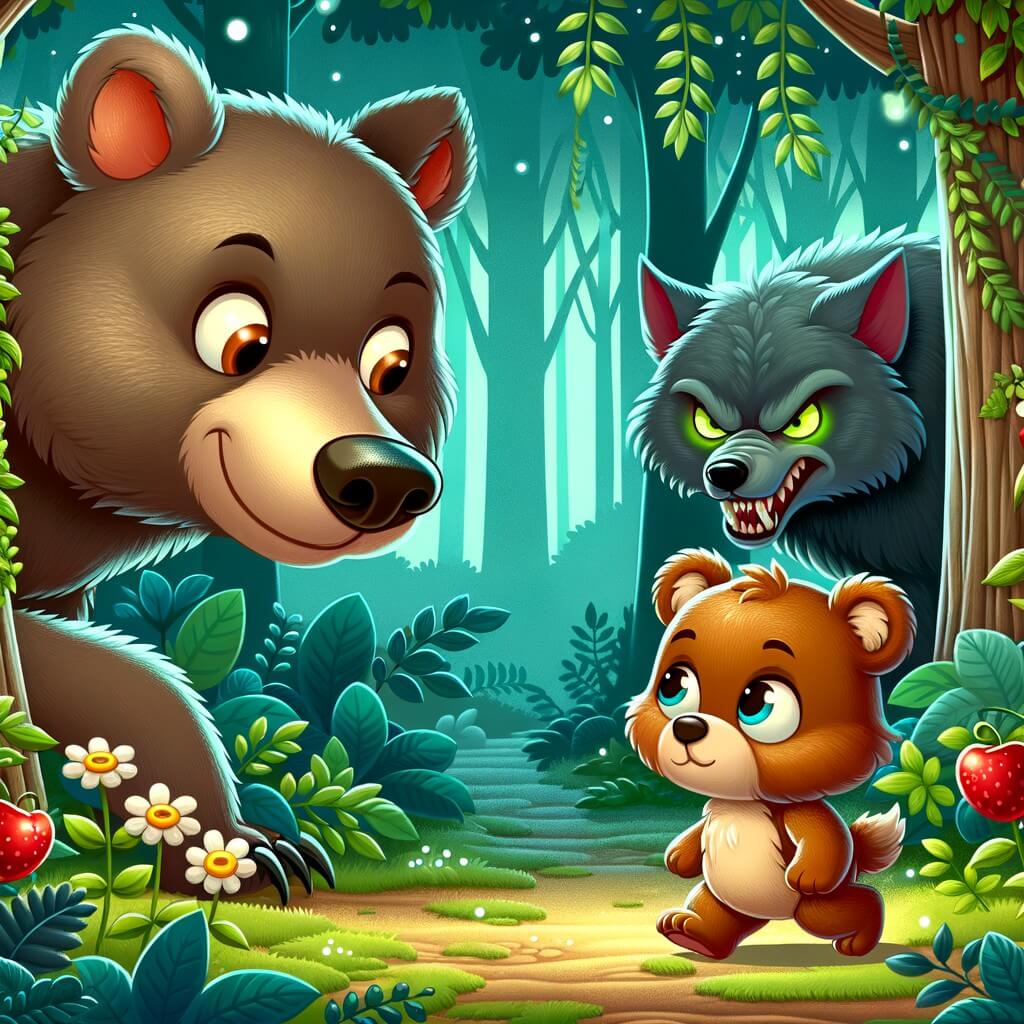 Une illustration destinée aux enfants représentant un adorable ourson, courageux et déterminé, accompagné de sa maman ours, dans un luxuriant et mystérieux bosquet enchanté, où ils font face à un loup malveillant.
