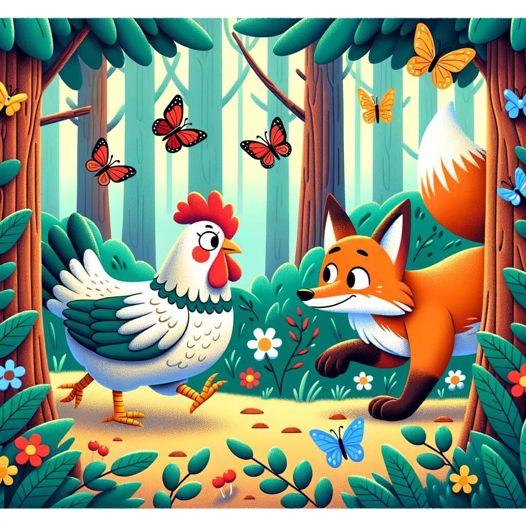 Une illustration destinée aux enfants représentant une gallina courageuse et curieuse, se retrouvant perdue dans un magnifique bosque lleno de altos árboles y coloridas mariposas, mientras un astuto zorro intenta engañarla.