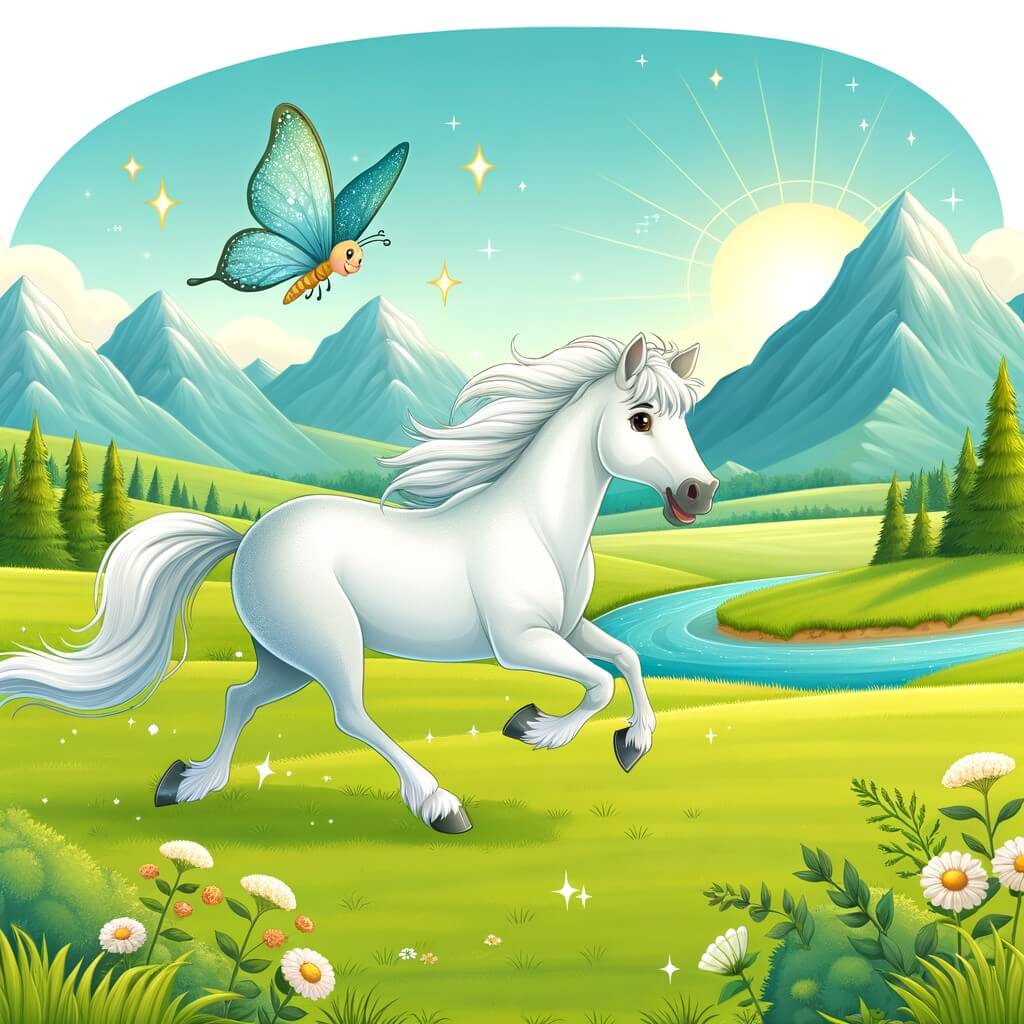 Une illustration destinée aux enfants représentant un majestueux cheval blanc galopant joyeusement à travers un vaste prado verdoyant, accompagné d'une petite mariposa aux ailes chatoyantes, dans un paisible royaume entouré de hautes montagnes et traversé par un río cristalino.