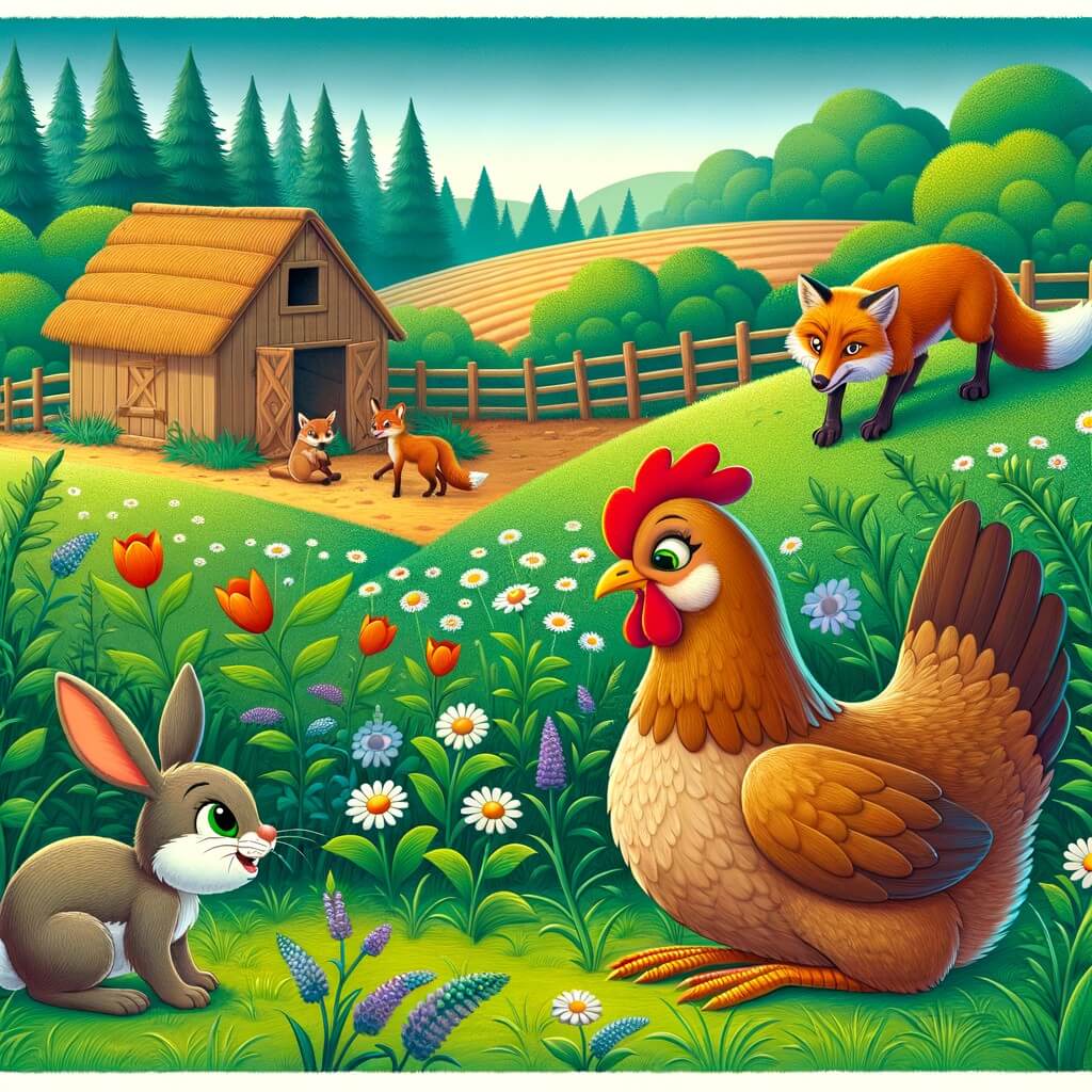 Une illustration destinée aux enfants représentant une gallina curieuse et aventureuse qui se trouve dans une ferme entourée de vastes champs verdoyants et d'un magnifique bosque, où elle rencontre un petit conejo joueur qui lui parle des merveilles du campo de flores silvestres et d'un zorro astuto qui rôde dans l'ombre, créant ainsi une situation pleine de suspense et d'émotion.