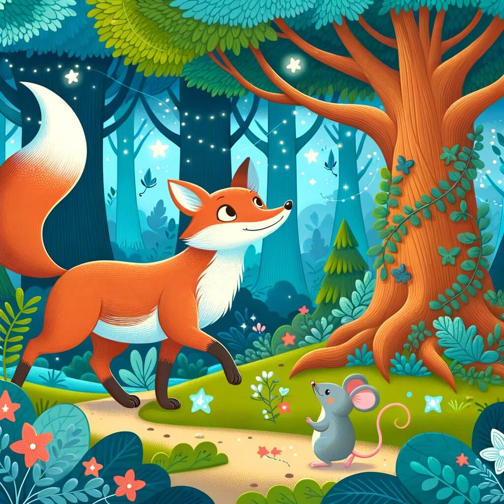 Une illustration destinée aux enfants représentant un élégant renard rusé explorant un magnifique bosquet enchanté aux arbres majestueux, accompagné d'une charmante petite souris, dans une aventure pleine de surprises.
