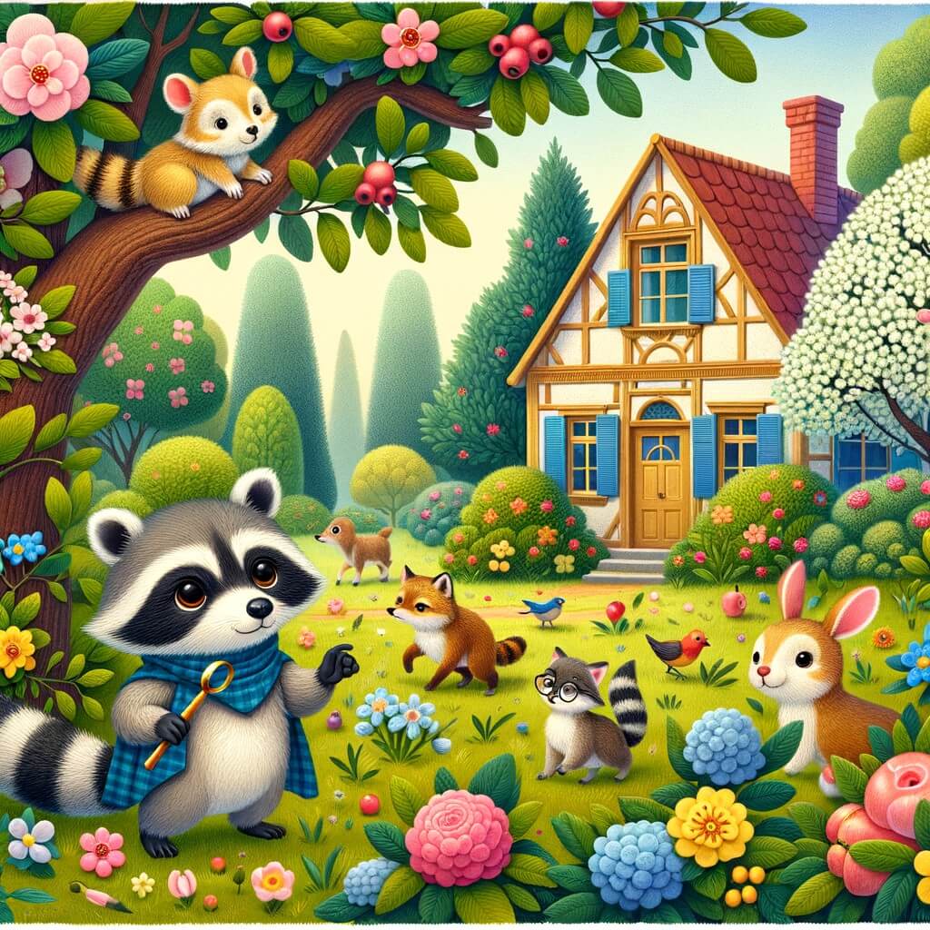 Une illustration destinée aux enfants représentant un petit ratón intrépido qui découvre un mystère avec l'aide de ses amis animaux dans un magnifique jardin fleuri entouré d'arbres majestueux et d'une charmante maison de campagne aux volets colorés.