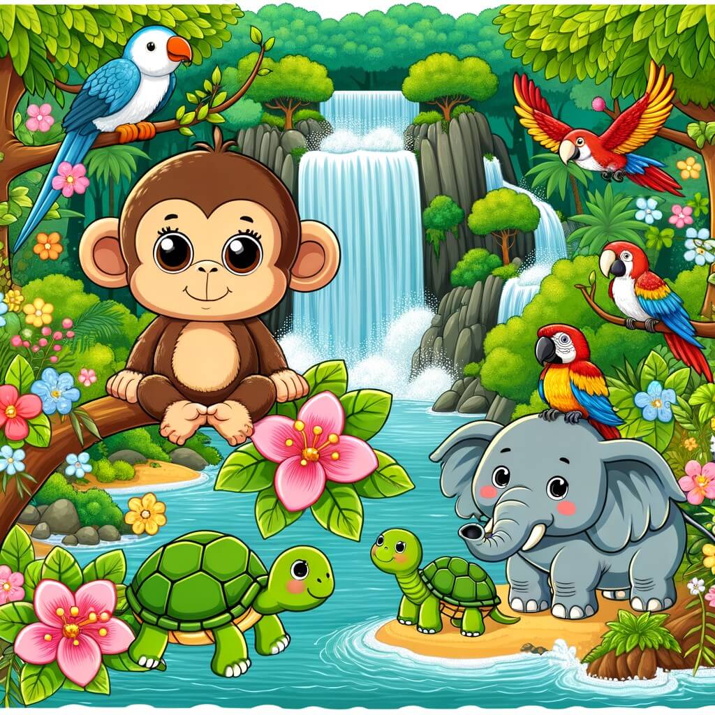 Une illustration destinée aux enfants représentant un adorable petit singe, perché sur une branche fleurie, faisant équipe avec des animaux colorés, tels qu'une tortue, un perroquet et un éléphant, dans une luxuriante forêt tropicale où des cascades scintillantes se jettent dans une rivière sinueuse.