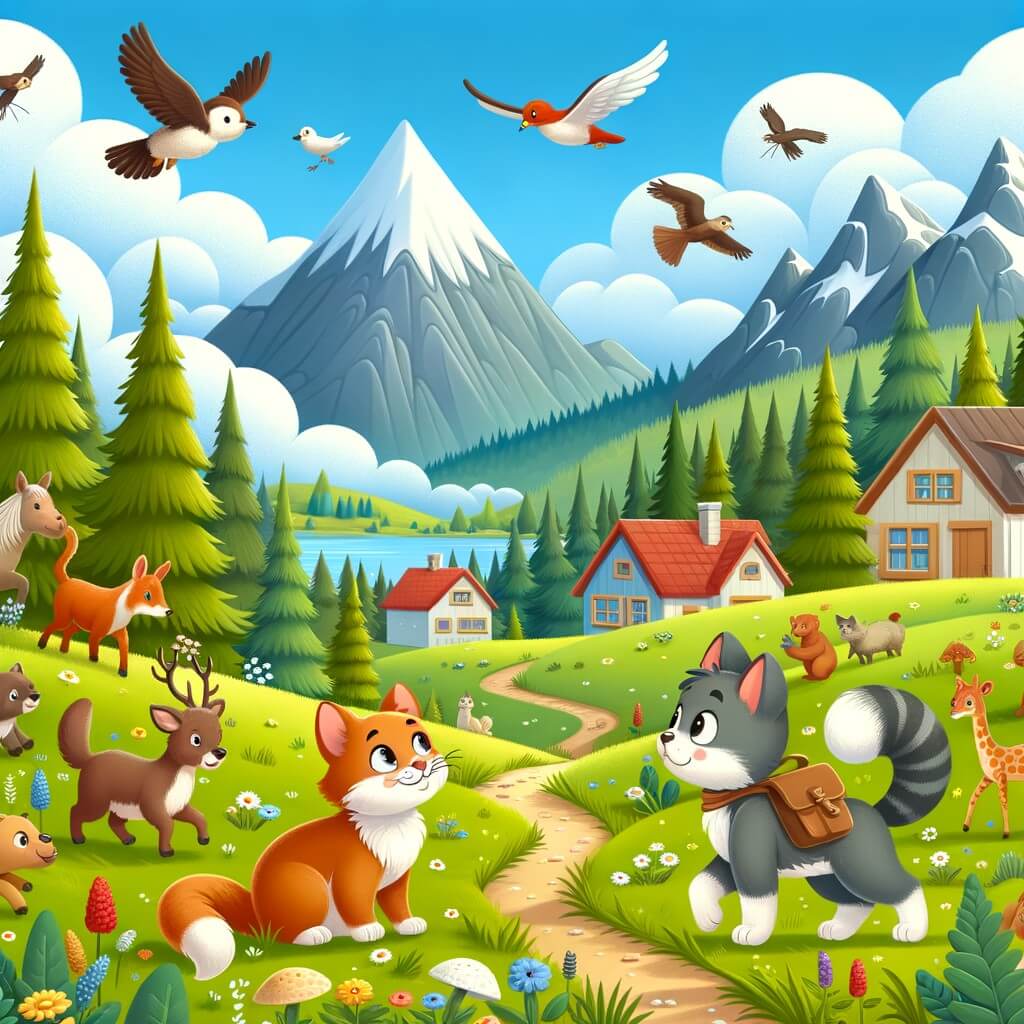 Une illustration destinée aux enfants représentant un chat curieux et aventurier, rencontrant divers animaux dans un village entouré de montagnes majestueuses et de prairies verdoyantes.