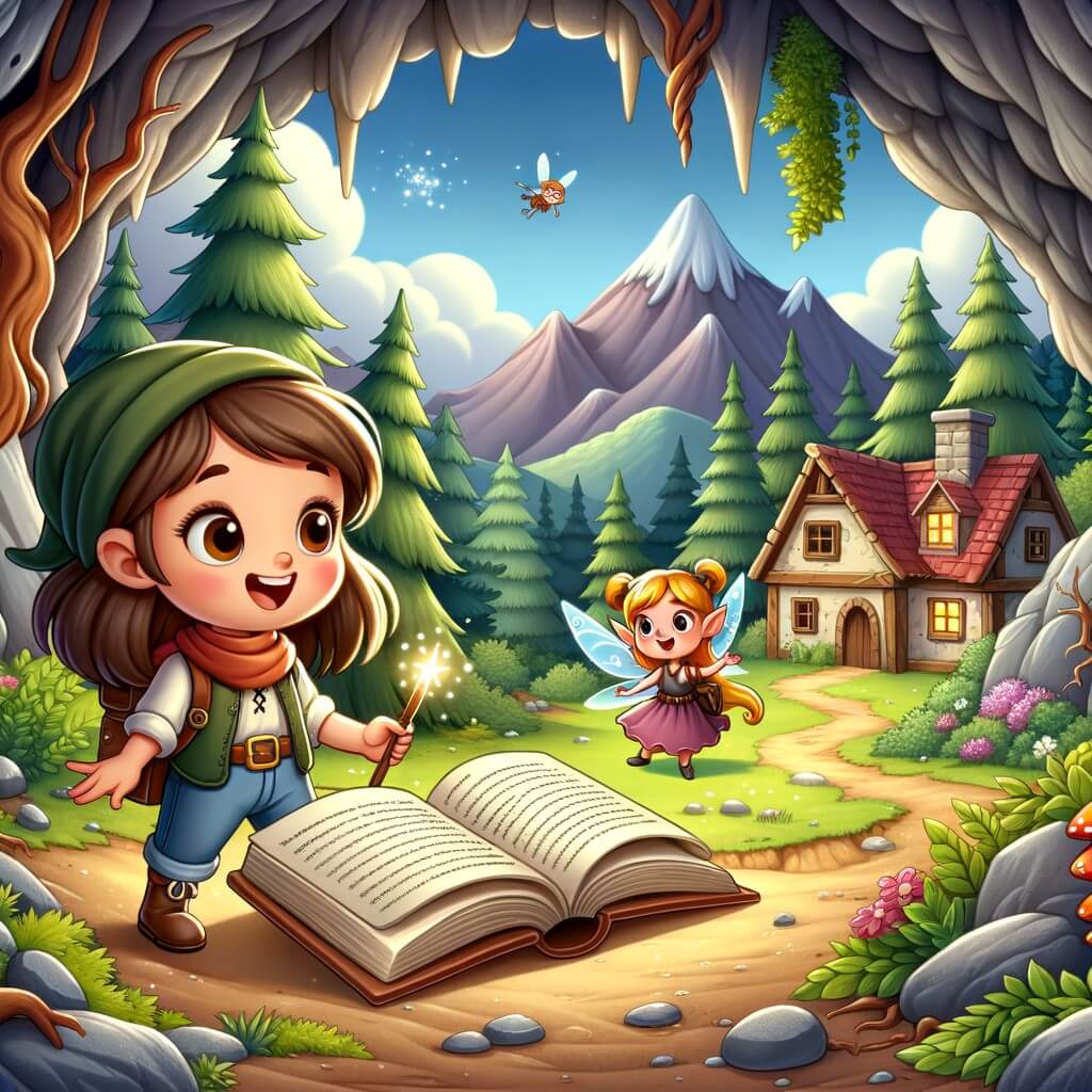 Une illustration destinée aux enfants représentant une niña pequeña, curieuse et aventureuse, découvrant un livre magique dans une grotte cachée, accompagnée d'un duende espiègle, dans un paisible village entouré de forêts luxuriantes et de montagnes majestueuses.