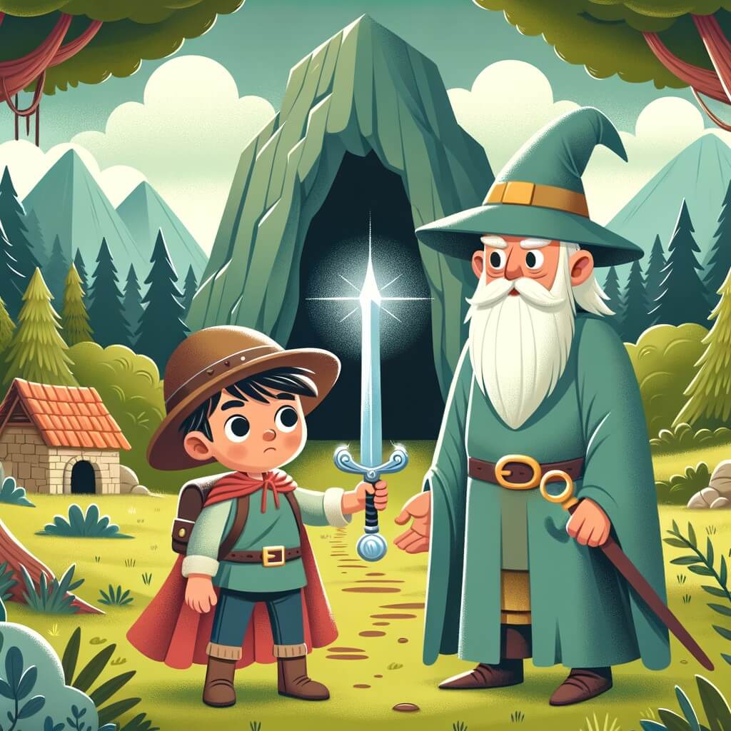 Une illustration destinée aux enfants représentant un niño pequeño, vêtu d'un chapeau d'explorateur et d'une cape rouge, tenant une épée étincelante, se tenant devant une grotte mystérieuse, avec un ancien mago à la barbe blanche et une espada mágica, dans un paisible village entouré de majestueux bosques verdoyants.