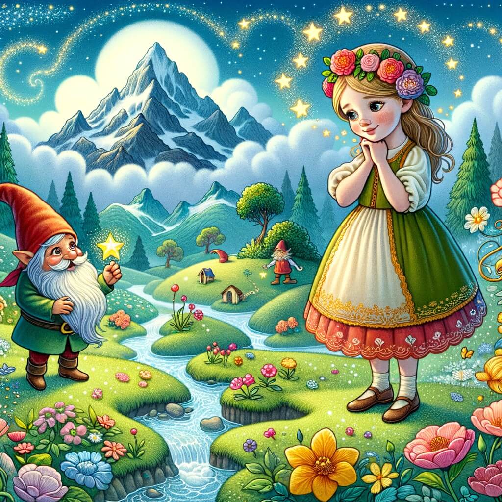 Une illustration destinée aux enfants représentant une niña pequeña, curieuse et rêveuse, qui se retrouve plongée dans un monde enchanté avec l'aide d'un gnomo, à travers un paysage luxuriant de montagnes verdoyantes, de fleurs colorées et de rivières scintillantes.