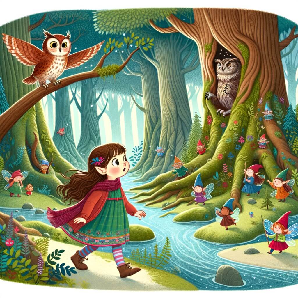 Une illustration destinée aux enfants représentant une petite niña, vêtue d'une robe colorée, explorant un mystérieux et enchanteur bosque, accompagnée d'un amical búho en una rama, tandis que de petits duendes y hadas juguetones se esconden entre los majestuosos árboles gigantes y un río cristalino serpentea a su alrededor.