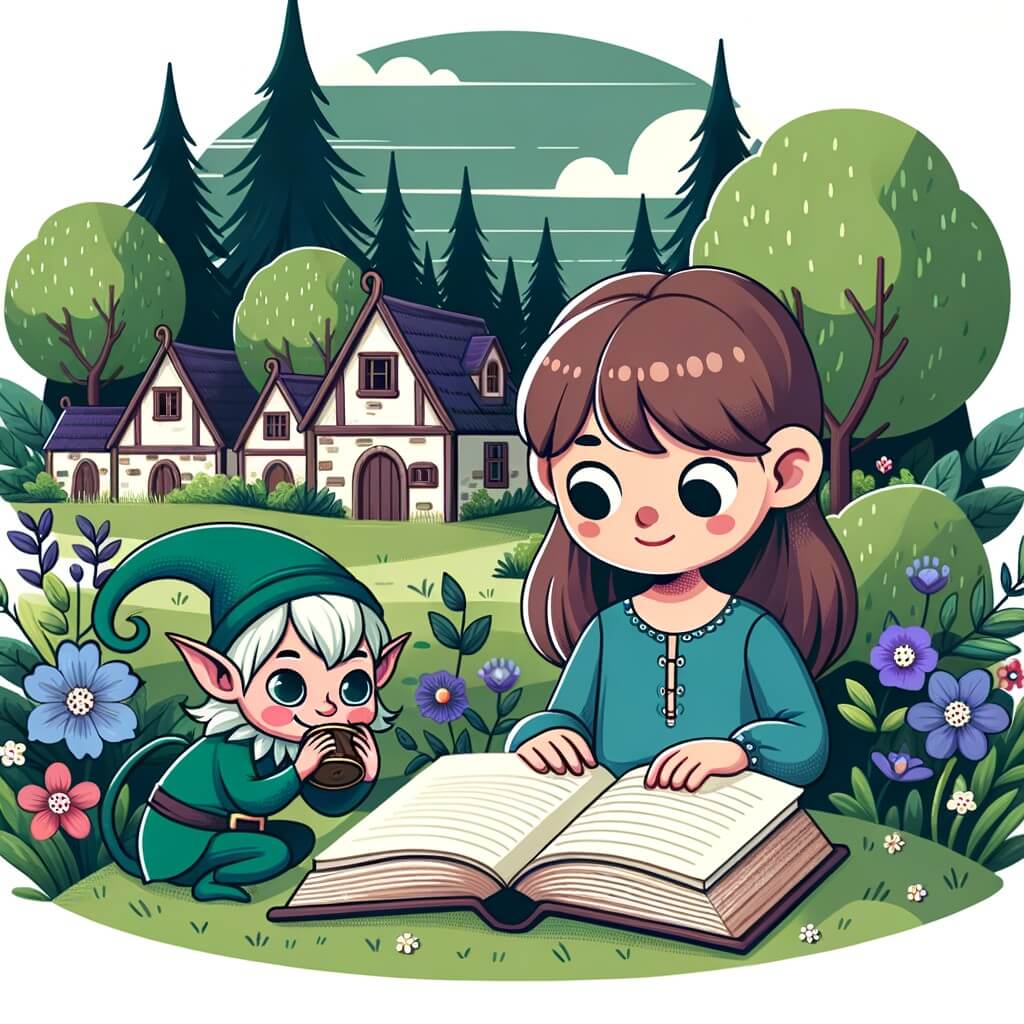 Une illustration destinée aux enfants représentant une niña pequeña, captivée par un mystérieux livre antique, accompagnée d'un duende malicieux, se déroulant dans un paisible village entouré de luxuriants bosques.