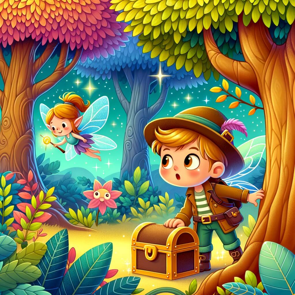 Une illustration destinée aux enfants représentant un petit explorateur, un trésor caché dans un mystérieux Bosque Encantado, un adorable hada et des arbres majestueux aux feuilles brillantes et colorées.