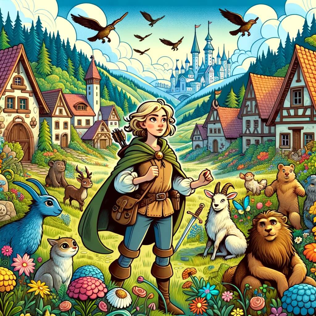 Une illustration destinée aux enfants représentant une jeune femme courageuse, entourée de créatures fantastiques, dans un magnifique village bordé de champs verdoyants et de fleurs colorées, où se déroule une aventure magique.