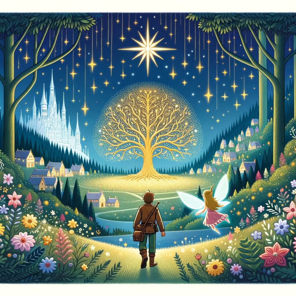 Une illustration destinée aux enfants représentant un homme solitaire, égaré dans un village ensorcelé, découvrant une étoile scintillante descendre lentement vers une clairière magique remplie de fleurs chatoyantes, d'arbres majestueux et d'un arbre doré au centre, où il rencontre une fée gardienne nommée Estrella.