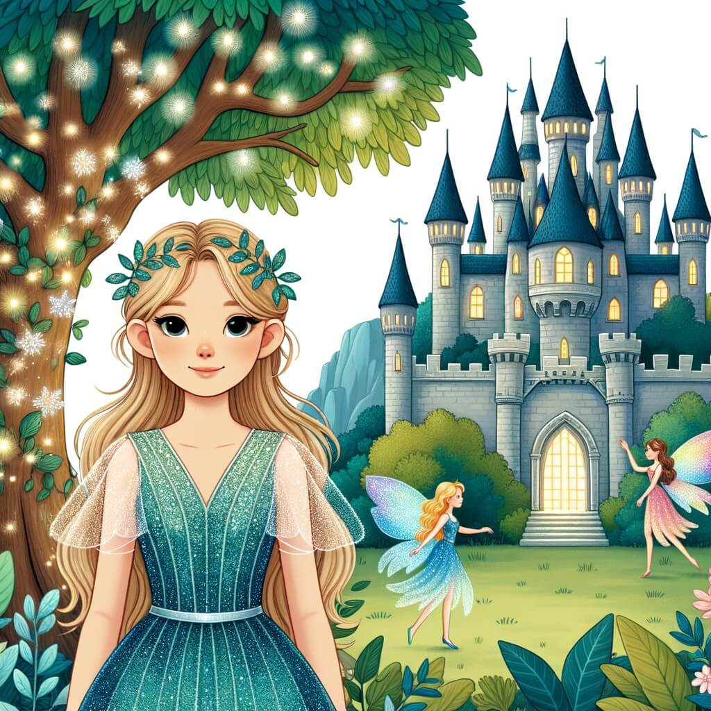 Une illustration destinée aux enfants représentant une jeune femme aux cheveux dorés, vêtue d'une robe bleue scintillante, se tenant devant un majestueux château en pierre au cœur d'un royaume enchanté, entourée de fées aux ailes chatoyantes et d'arbres aux feuilles lumineuses.