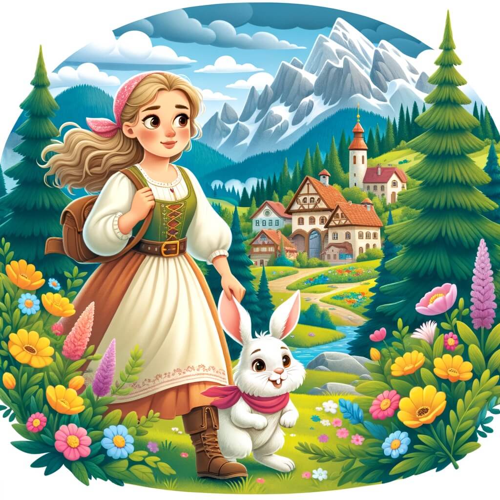 Une illustration destinée aux enfants représentant une femme courageuse et bienveillante, se trouvant dans une forêt enchantée, accompagnée d'un petit lapin blessé, dans un village pittoresque entouré de montagnes majestueuses et de fleurs colorées.
