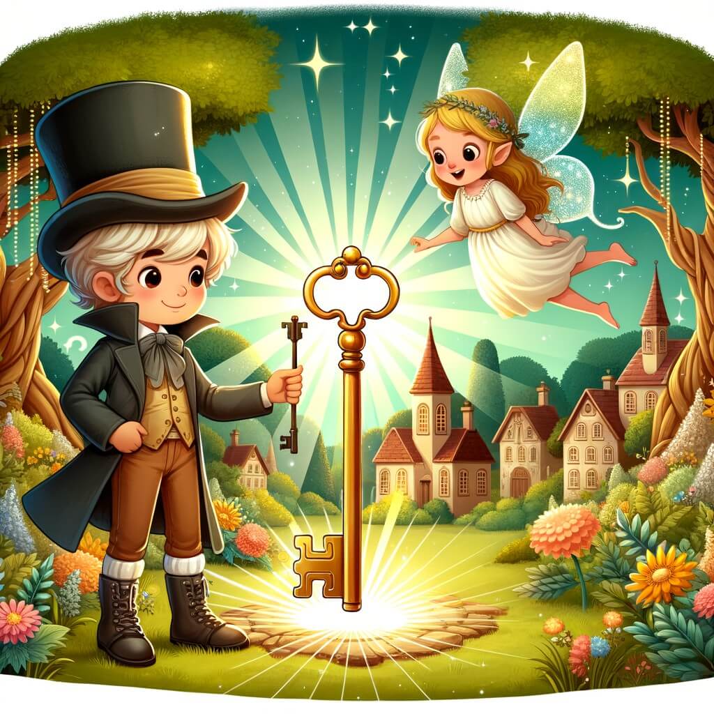 Une illustration destinée aux enfants représentant un homme curieux, vêtu d'un chapeau haut-de-forme et d'une longue cape, découvrant une mystérieuse clé dorée dans un paisible village, entouré d'arbres majestueux et de fleurs chatoyantes, tandis qu'une fée espiègle observe la scène depuis un rayon de soleil dans une clairière enchantée.