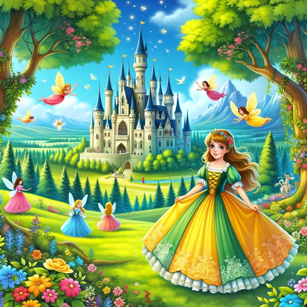 Une illustration destinée aux enfants représentant une jeune femme, vêtue d'une robe aux couleurs chatoyantes, qui se tient devant un majestueux château de contes de fées, entourée de fées virevoltantes et d'arbres enchantés, dans un paysage verdoyant du royaume magique.