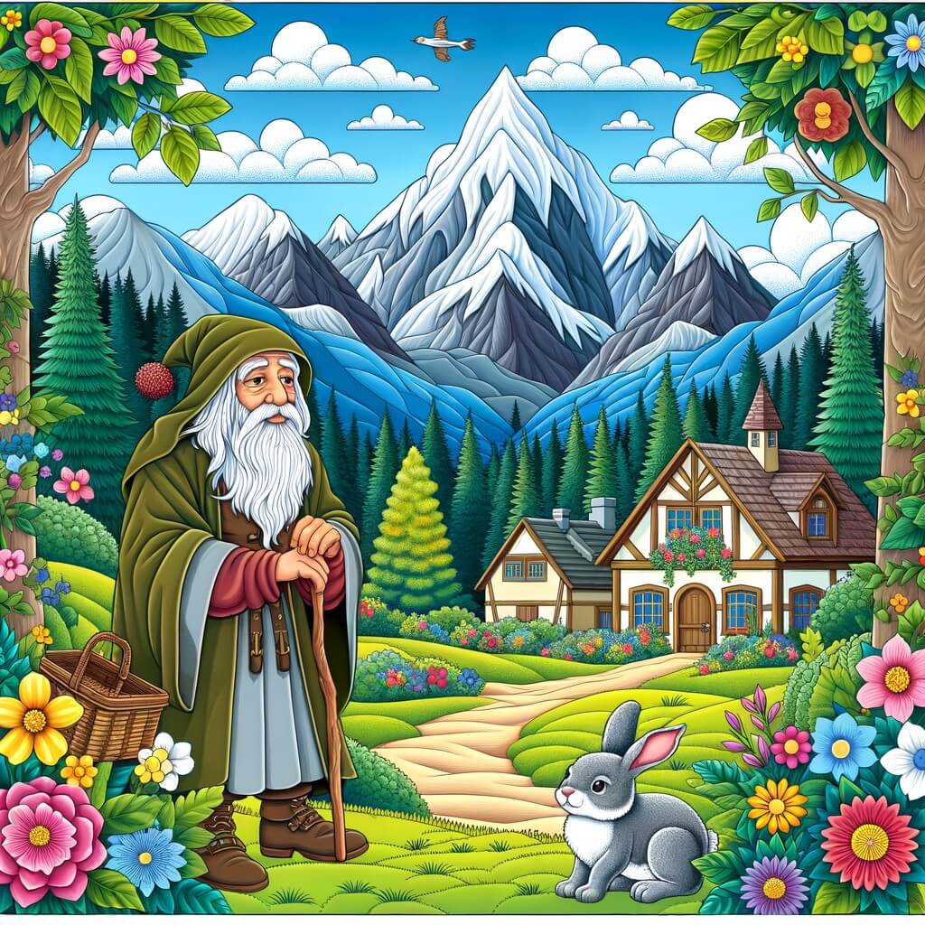 Une illustration destinée aux enfants représentant un homme sage et bienveillant, se trouvant au cœur d'une forêt enchantée, accompagné d'un petit lapin perdu, dans un village entouré de montagnes majestueuses et de fleurs colorées.