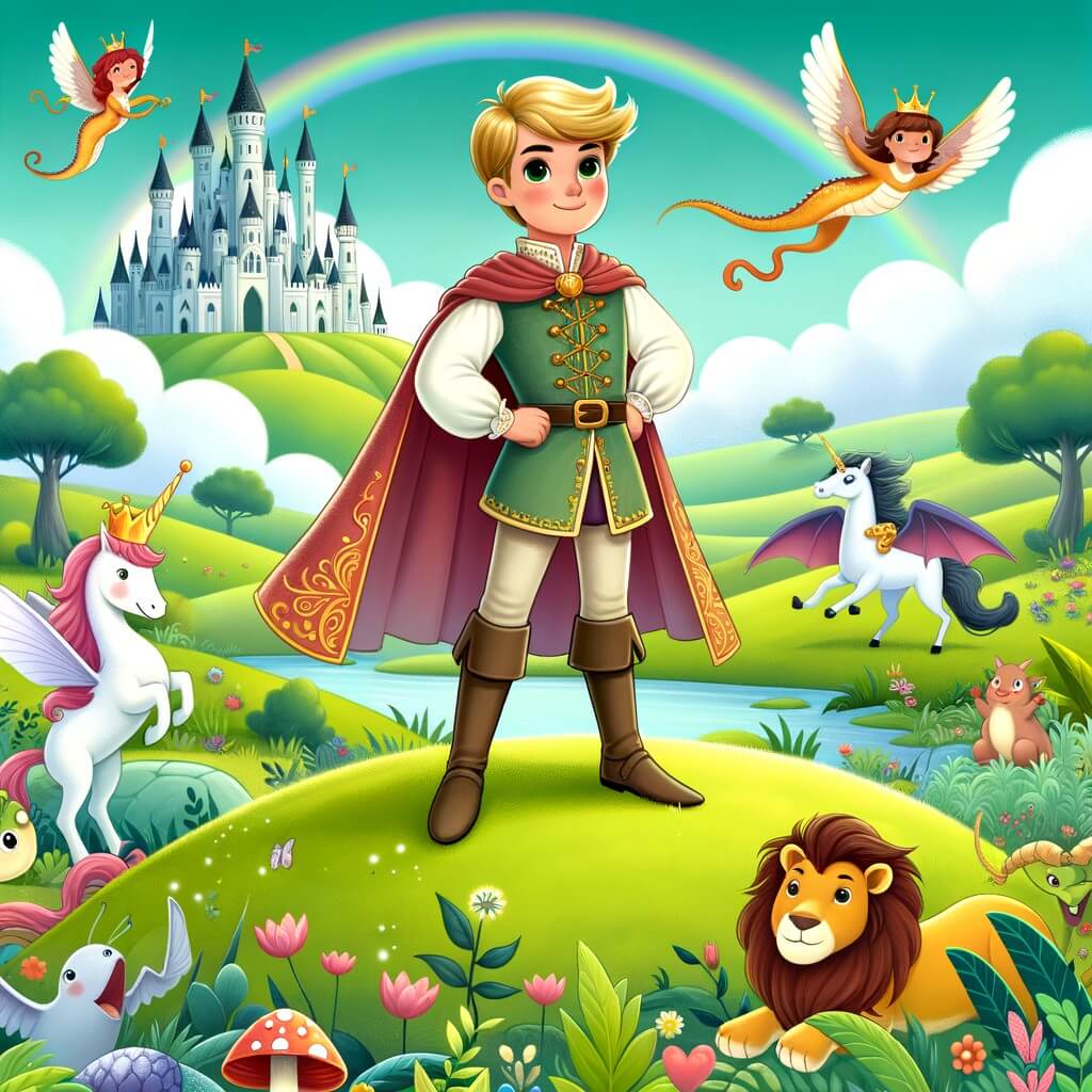 Une illustration destinée aux enfants représentant un prince courageux, se tenant sur une colline verdoyante, entouré de créatures magiques, dans un royaume enchanté.